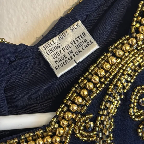 Vtg Laurence Kazar Halter Beaded embellished silk formal gown dress blue gold‎ L - Image 7
