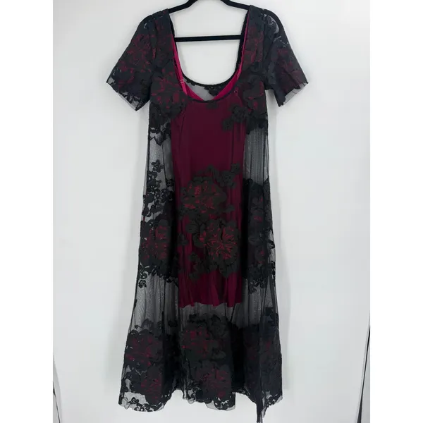 Tracy Reese Mesh Floral Midi Dress S Black Burgundy Gothic Whimsigoth Dark Moody - Image 10