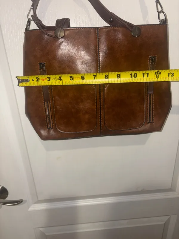 dark brown faux leather multi-pocket tote handbag featuring dual top handles and vertical front zipper pockets - Image 5