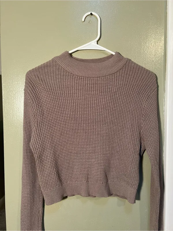 Garage Women’s Sz Large Mock Neck Sweater Cropped Light Brown Waffle Knit Cotton - Image 2