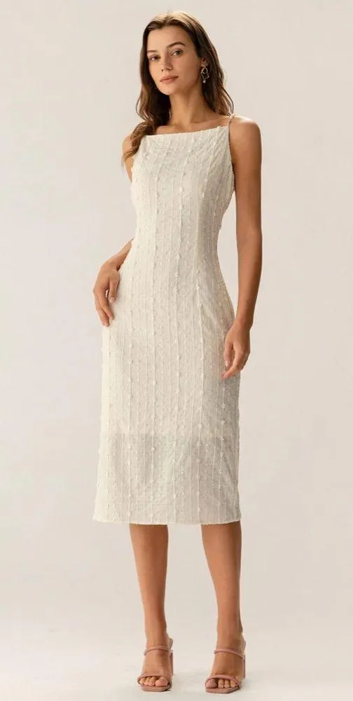 Rihoas Beige Textured Beaded Slip Midi Dress - Image 3