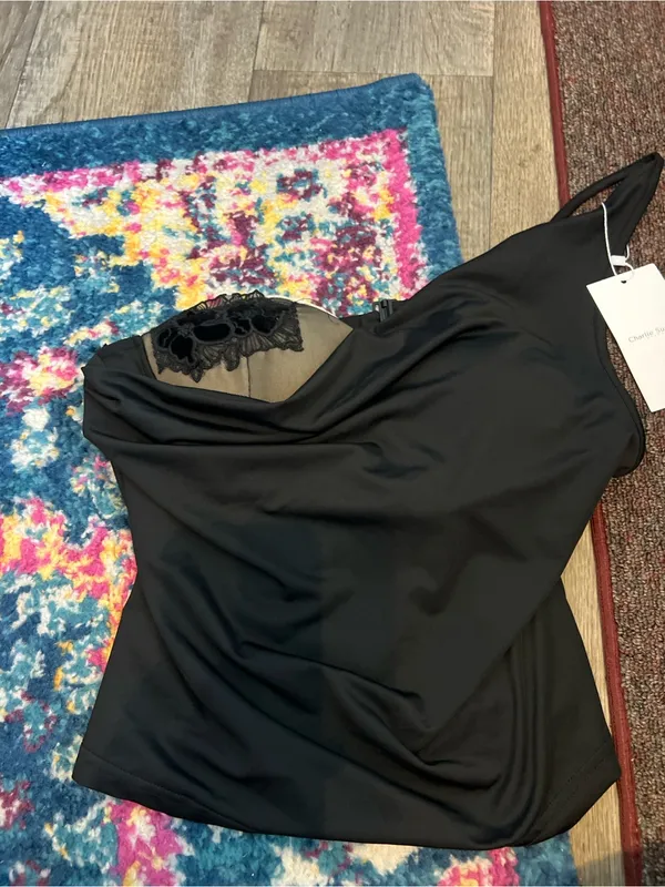 NWT Charlie suede London Black Draped Lace-Trim Top - Image 3