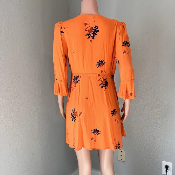 Free People Mini Dress Surplice Wrap Floral Boho Hippie Peasant Orange Bell Sz M - Image 6