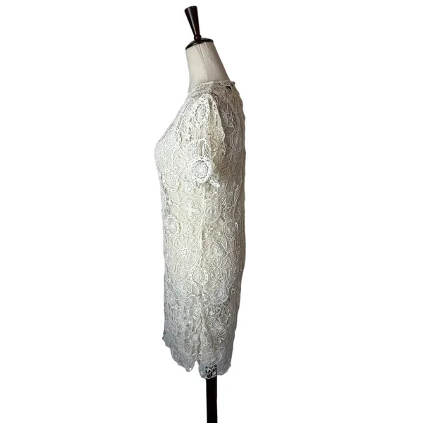 Ralph Lauren Crochet Lace Dress Women Medium Ivory Short Sleeve Shift Mini Retro - Image 3