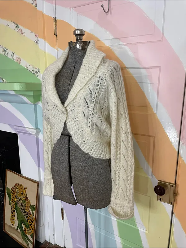 Rare Vintage Y2K Mohair & Wool LOFT Pointelle Crop Bolero Cardigan Sz L 💛🎀 - Image 3