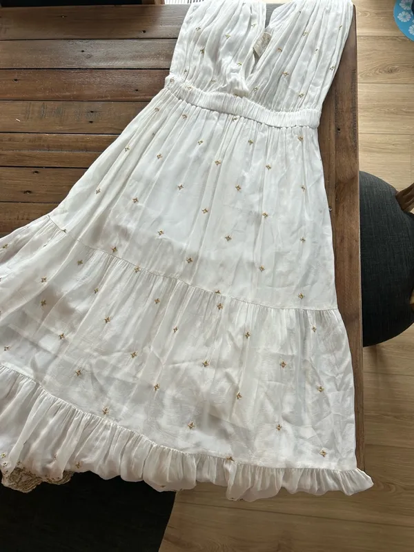 Guadalupe Johana White Gold Embroidered Dress S - Image 11