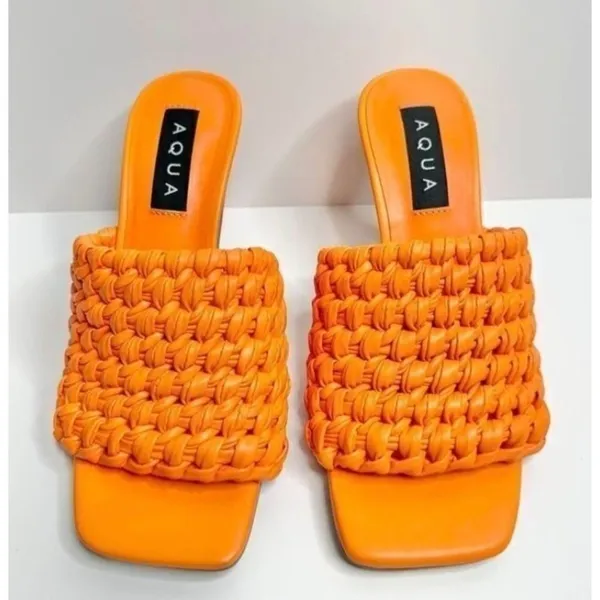 AQUA Orange Woven Heeled Mules Size 6M Square Toe Slip On Heels Sandals‎ - Image 4