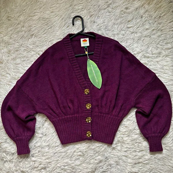 FARM Rio Burgundy Rib-Knit Button Front V-Neck Balloon Sleeve Women’s Cardigan M - Image 2