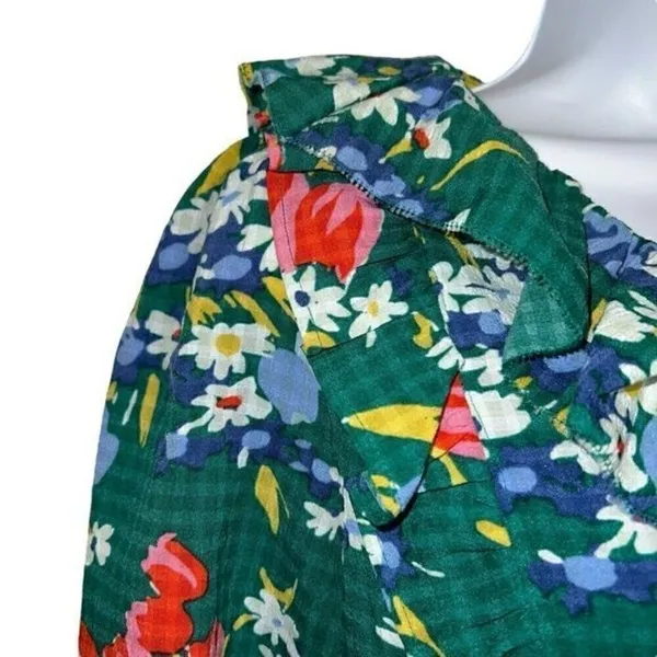 LOFT Green Floral Bouquet ‎ Ruffle Trim Tie Neck Blouse L/S NWOT Size Small - Image 4