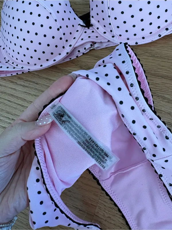 Pink Polka Dot Bikini Set with Black Trim - Image 3