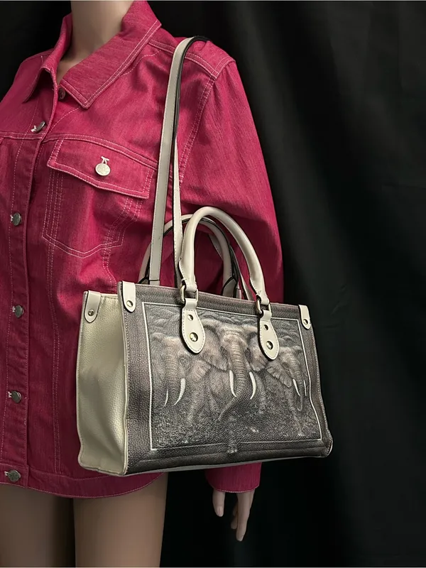 BFlairs Women’s Handbag with Elephant Print Gray & Cream - Image 2