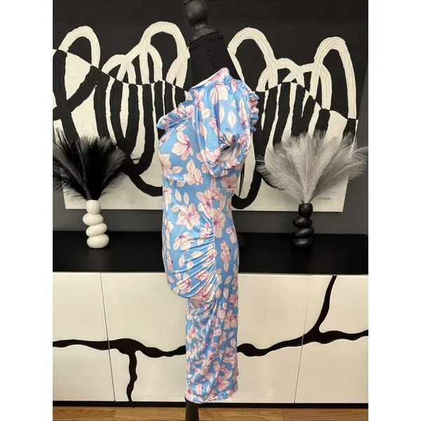 Boohoo Maternity Blue Pink Floral Off Shoulder Ruched Midi Dress Size 8 NWT - Image 3