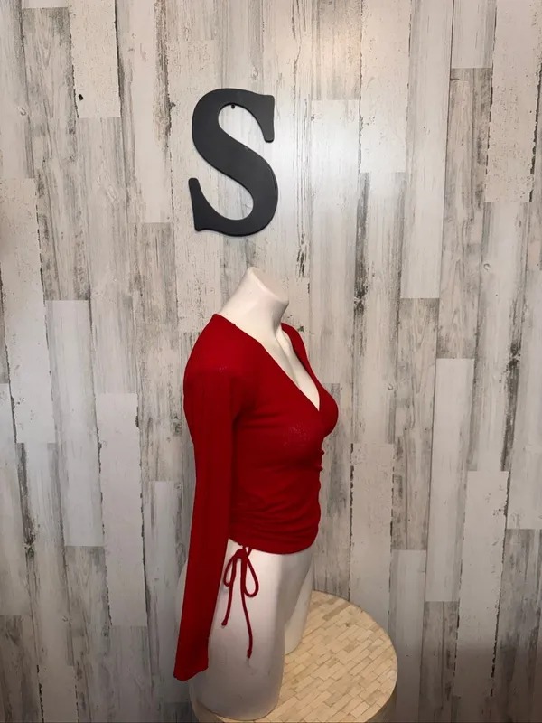 Windsor Red Ribbed Surplice Wrap Top Womens Small Ruched Tie Sides Long Sleeve - Image 2