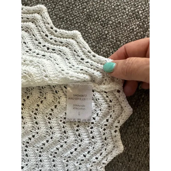 Lillusory White Crochet Knit Tie Front Sleeveless Top Chevron Pointelle Large - Image 6