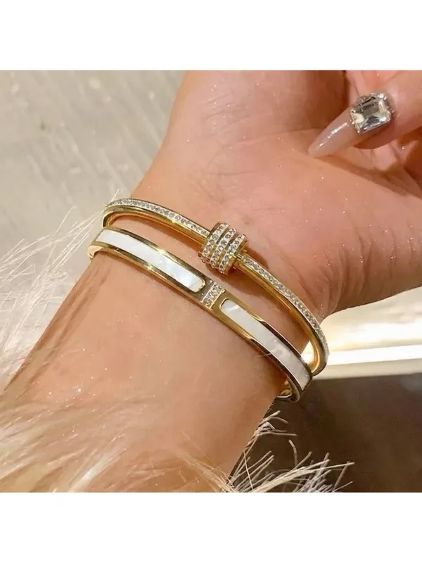 Gold Plated bangle Bracelet Mother Of Pearl Crystals stainless steel jewelry - Image 4