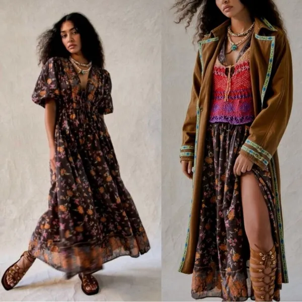 Free People Lysette Maxi Dress Floral Brown Small Bohemian Gypsy Hippie Bells - Image 14