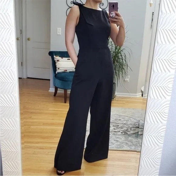 JULIA JORDAN Black Sleeveless Wide Leg Scoop‎ Neck Jumpsuit Bow Shoulder Size 6 - Image 4