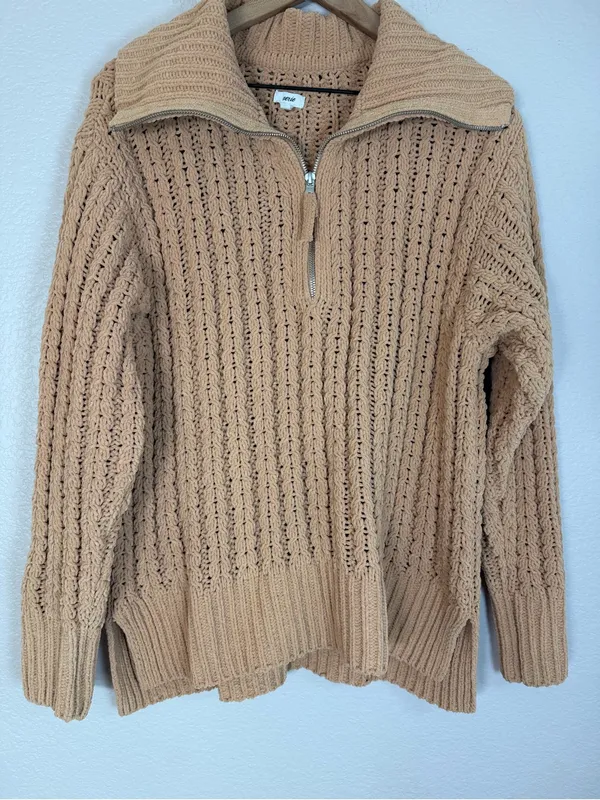 Aerie Cable Car Knit Quarter Zip Pullover Sweater Warm Camel size Medium $98 - Image 8