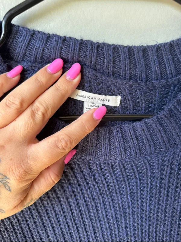 American Eagle XXS Navy Chunky Knit Sweater Oversized Crewneck Cozy Women’s - Image 4