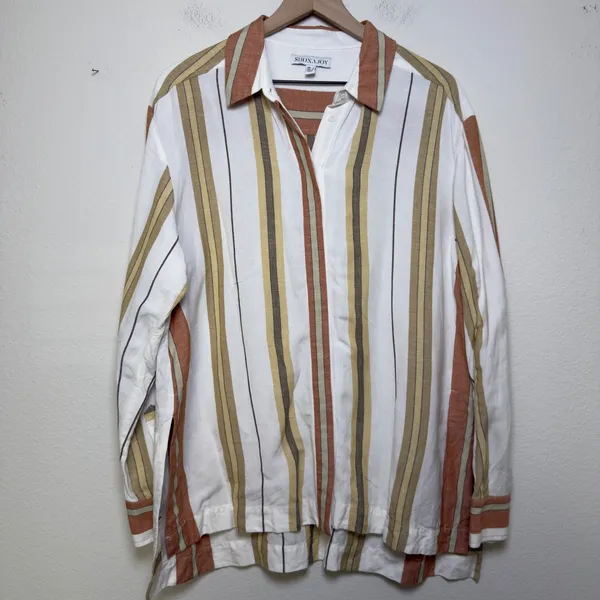 Shona Joy Women Suzana‎ Linen Button Front Tunic Shirt Medium Striped Resort - Image 2