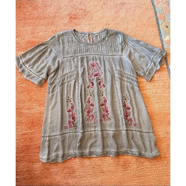 POL Embroidered Tunic Top Size L Boho Sheer Mini Dress Rayon - Image 2