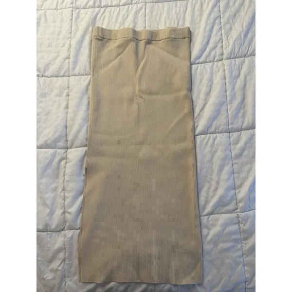 House of Harlow Beige Ribbed Skirt Stretchy Women's Medium Slit Midi - Image 7