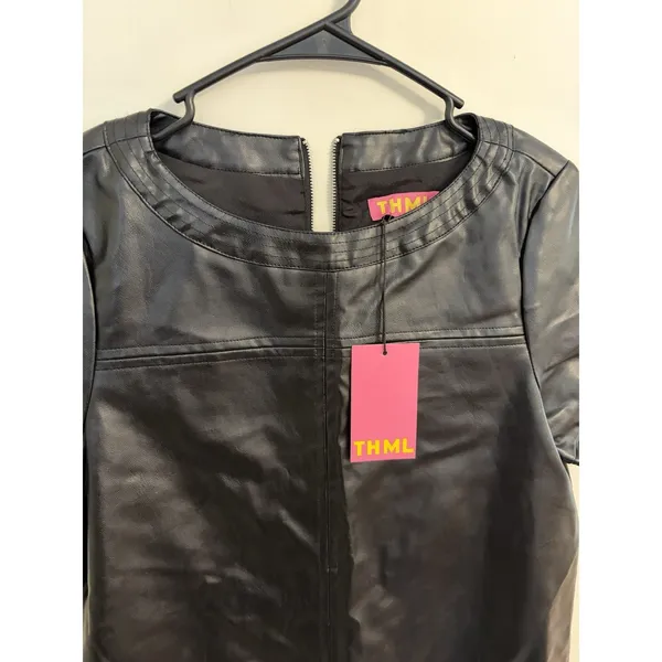 NWT THML MSRP $98 Wynne Black Faux Leather Vegan‎ Short Sleeve Short Dress S - Image 12