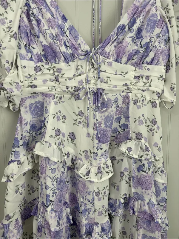 New For Love & Lemons Rosalyn Mini Dress White Lilac Floral Women Size Large - Image 7