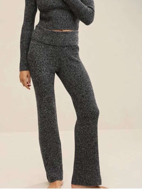 Aerie ribbed Late Night fold over flared knit pants in marled gray - Image 2