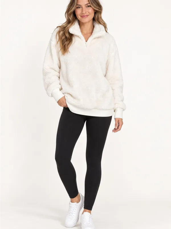 Mondetta Women’s Ivory Plush Sherpa Quarter Zip Pullover Sweater Size M - Image 3
