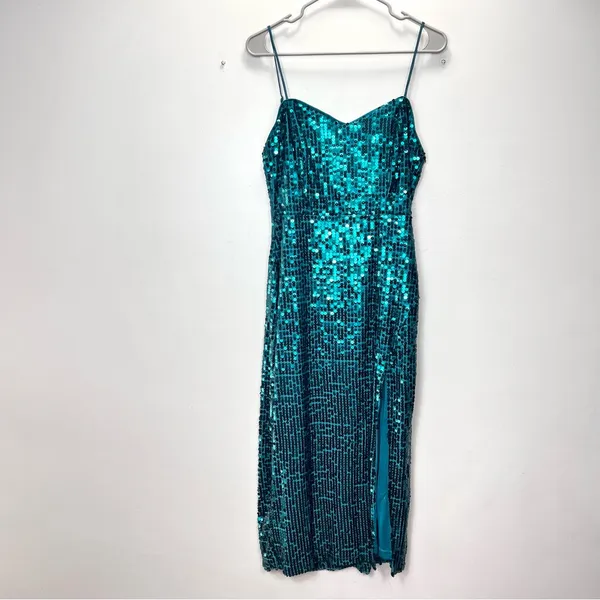 Lulus Striking Sweetheart Emerald Green Sequin Slit Sleeveless Midi Dress‎ LARGE - Image 5