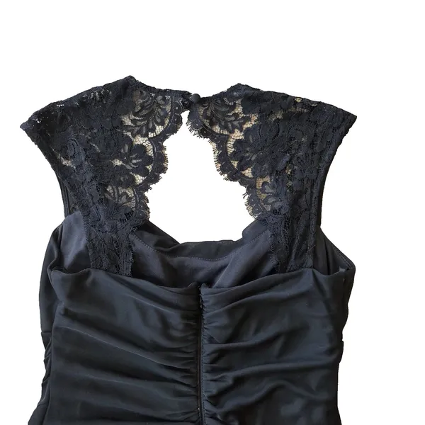 Black Lace Cap Sleeve Dress Sz 8 Cowl Neck Ruched Flattering Cocktail HOCO Gala - Image 14