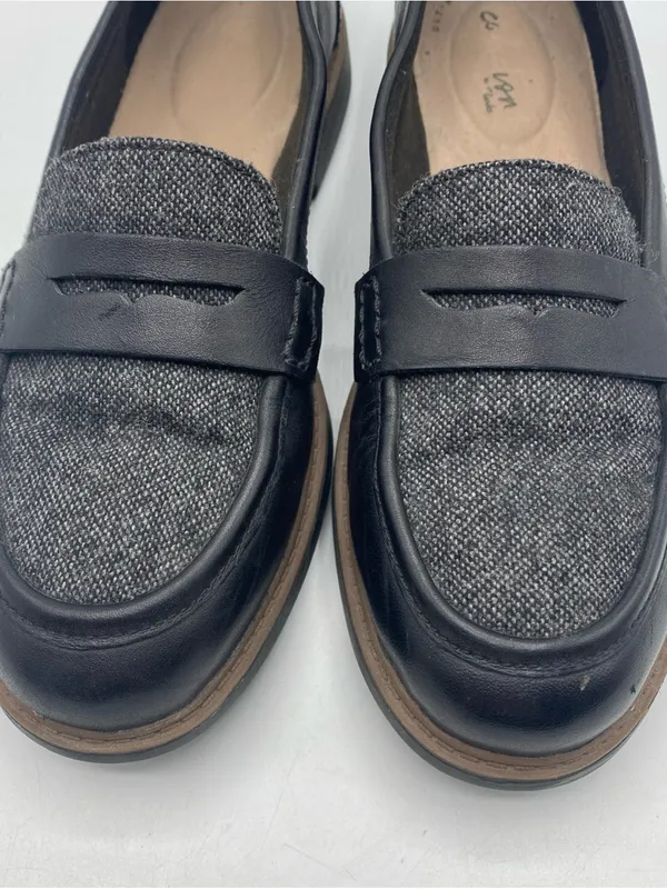 Clarks Raisie Aletta Black Leather Gray Tweed Slip-On Penny Loafers 7M Cushion - Image 5