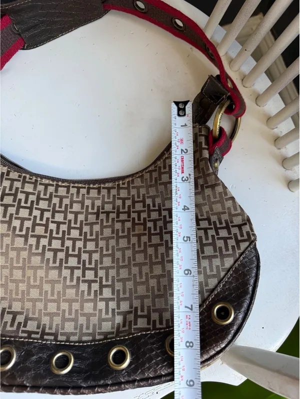 Tommy Hilfiger Brown & Beige Monogram Shoulder Bag with Red Strap - Image 6