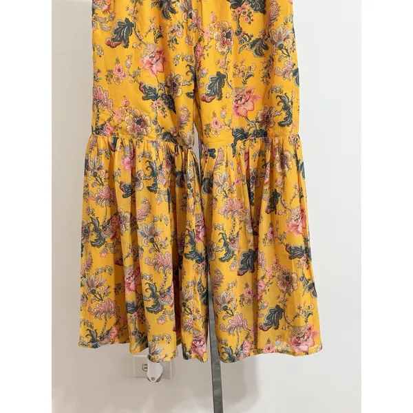 Janasya Yellow Floral Sharara Pants Women Size M Wide Leg Flared Palazzo Boho - Image 5