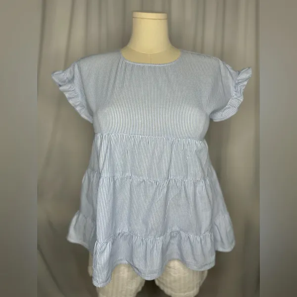 ANDREE BY UNIT Blue White Pinstripe Tiered Babydoll Top Size M (1122) - Image 2