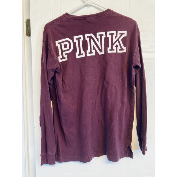 PINK Victoria's Secret Long Sleeve T-Shirt Women XS Plum Pocket Graphic Tee‎ - Image 2