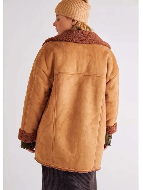 Free People Western Bohemian Retro 70s Faux Sherpa Suede Diogo Coat Size Large - Image 3