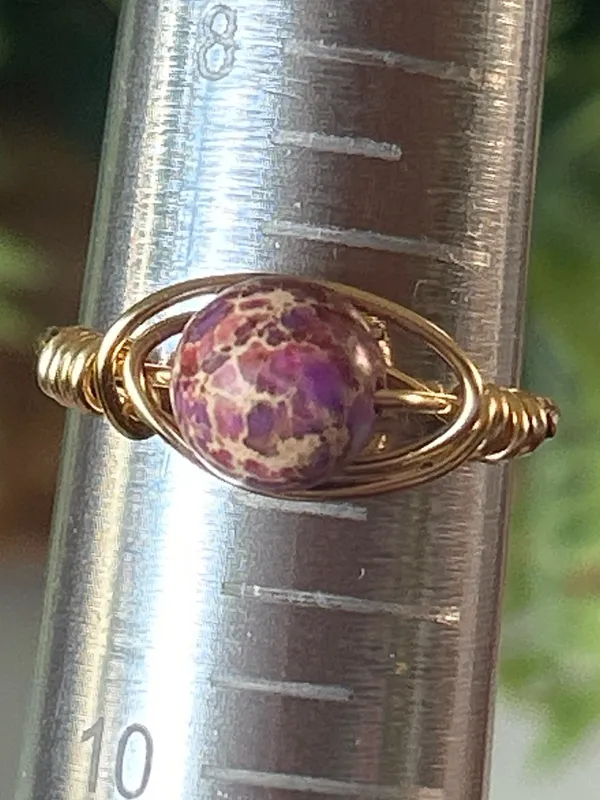 Handmade Handcrafted gold tone sea sediment jasper wire wrapped crystal ring - size 9 - Image 3