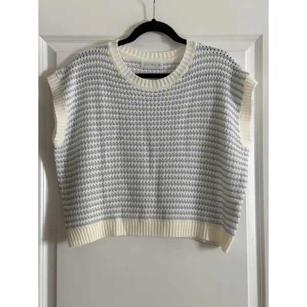 Knit Mix Blue White Striped Sweater Vest Sleeveless Knit Coastal Preppy Small - Image 2