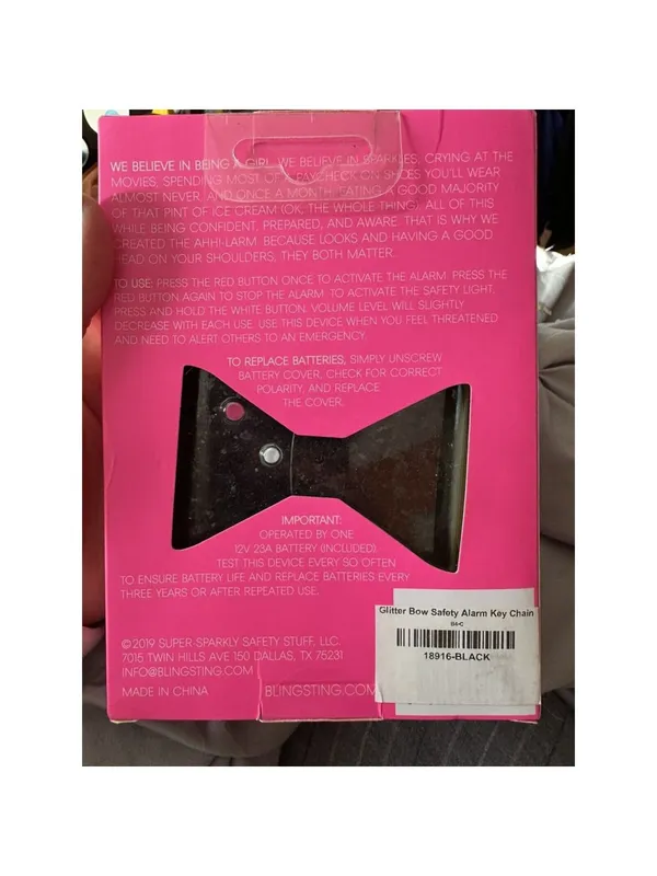 Ahh!-larm Super Loud Personal Alarm Charm W Led Safety Light Black Bow New. - Image 2