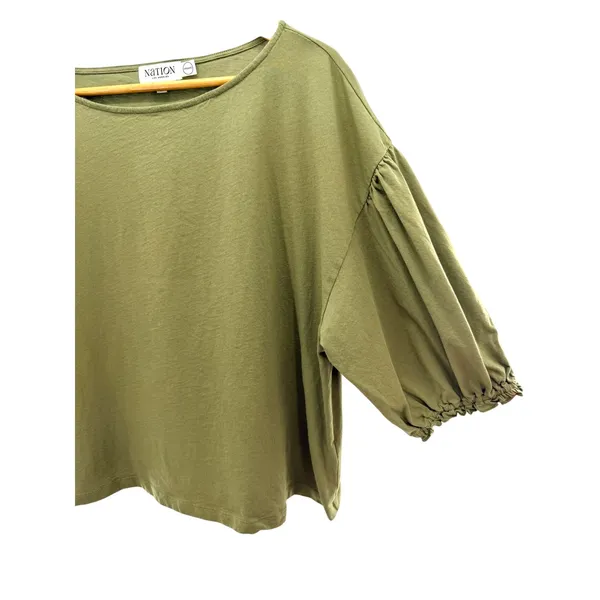 Nation LTD Organic Cotton Puff‎ Sleeve Sandra Boat Neck Top Olive Green Womens L - Image 3