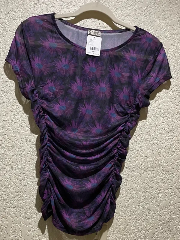 Free People NWT Purple Mesh Floral Ruched Women’s Tee Top Size M - Image 3