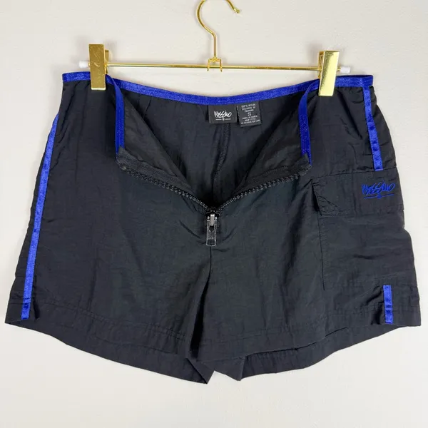 Vintage Y2K Mossimo‎ Black Blue Nylon Mid Rise Mini Shorts Zip Front Size Small - Image 6
