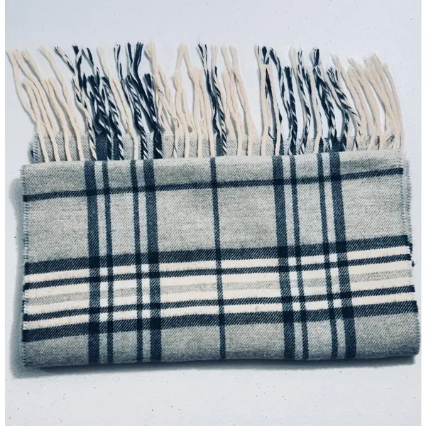 V Fraas Cashmink‎ Plaid Scarf Beige Black White Fringe Made in Germany - Image 3