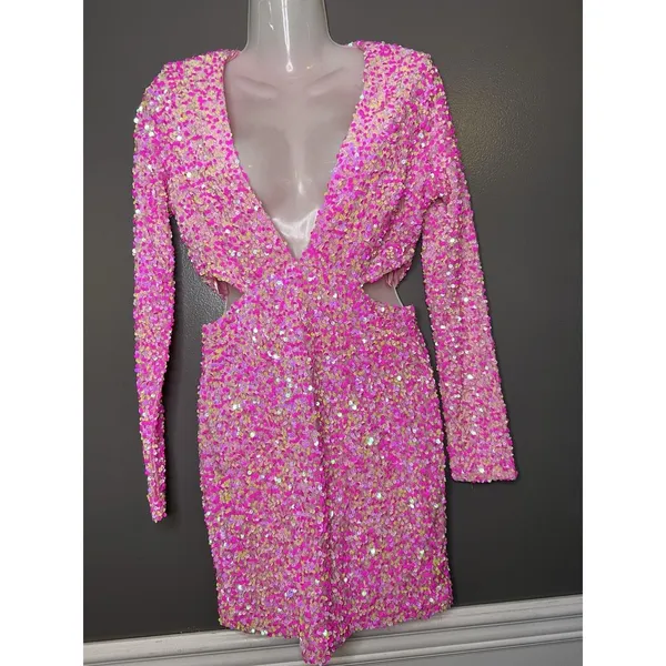 Petal + Pup Dress Womens Medium Pink Sequin Cutout V Neck Bodycon Mini Party - Image 2