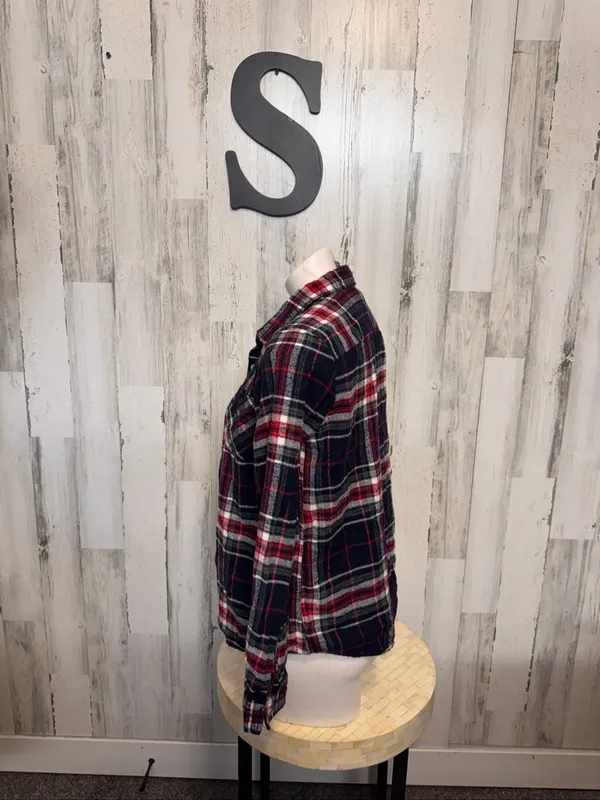Natural Reflections Plaid Flannel Button Down Shirt Womens Small Navy Red Cotton - Image 2