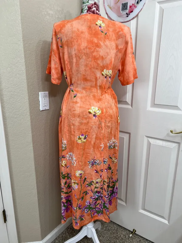 La Cera Orange Floral Button-Front Midi Dress Short Sleeve with Pockets Size M - Image 5