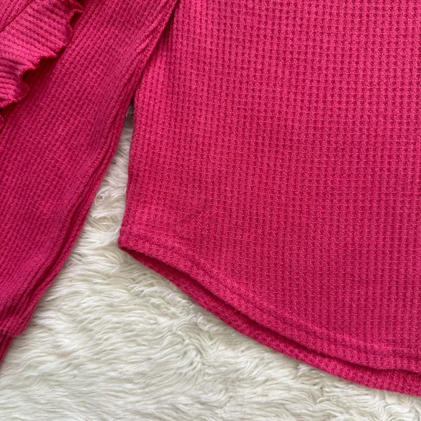 Anthropologie Pilcro Top Ruffled V-Neck Shirt Waffle Knit Raspberry Pink L - Image 8