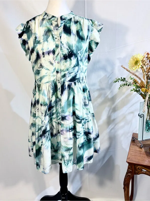 💥Marie Oliver Neelie Abstract Print Silk Blend Button Front Shirt Dress~XS🧡 - Image 3